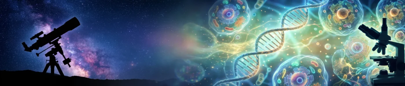 Uzayda yıldızları gözlemleyen teleskop ve hücre ile DNA sarmalını inceleyen mikroskop konsepti - Bilim Marketi